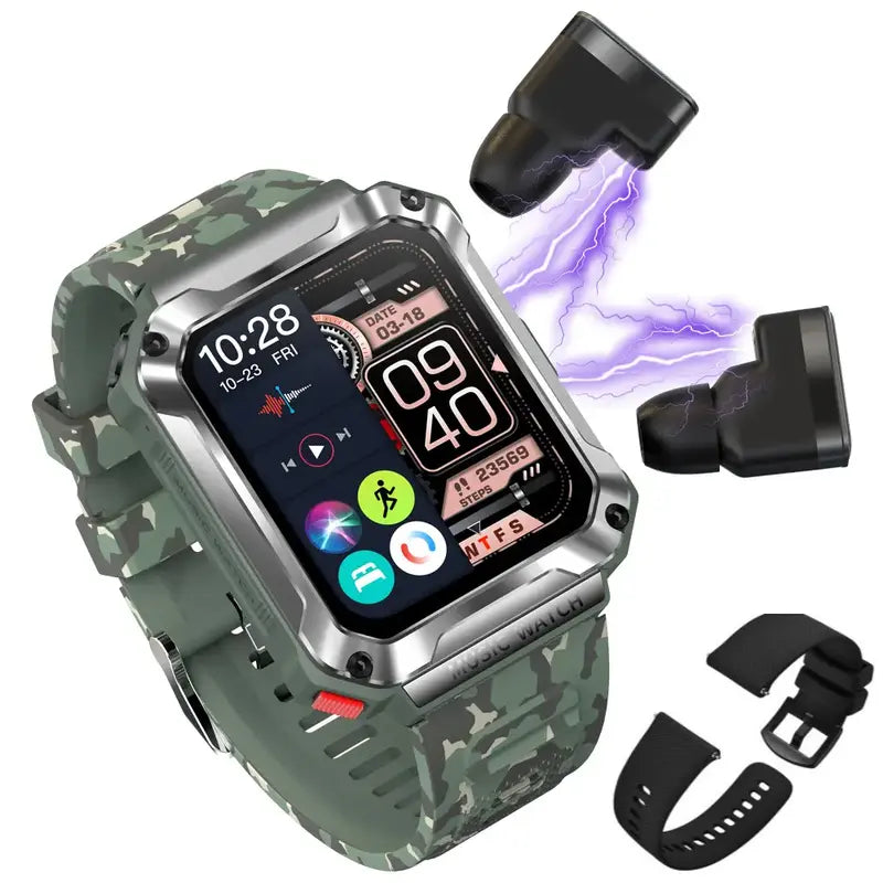 3-In-1 Smartwatch with Wireless Earbuds and Music Player, Bluetooth 5.0, Smart Watch, Android, Iphone, Fitness Tracker, Blood Pressure, Blood Oxygen, Calorie Tracker, Sports Modes, Heart Rate Tracking, Bracelet Devices Wearable Wristwatch Local Memory